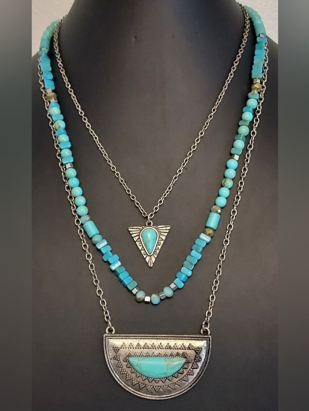 Boho Layered Faux Turquoise Silvertone Statement Necklace Set Half Moon Pendant